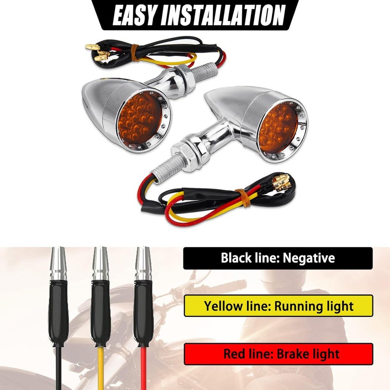 DREAMIZER 2pcs Chrome Bullet 15 LEDs Motorcycle Turn Signal Lights Front and Rear Indicator Lamps Compatible for Harley Honda Yamaha Cruiser Softail Sportster StreetBike Chopper Bobber (Amber lens) - Image 4